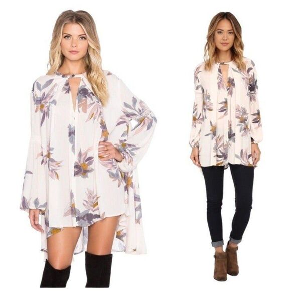 Free People Mini Dress Womens XS Pink Floral Peasant Bohemian Cottagecore - Picture 2 of 11